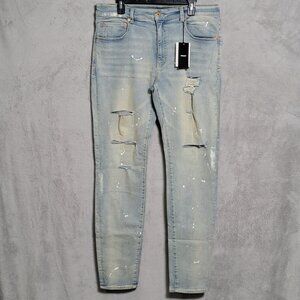 Nobaday Splash Ink Jeans Mens XXL Blue Denim Straight Leg Stretch Pants Distress